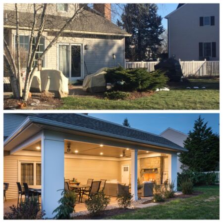 This cramped, failing patio had poor drainage and did not utilize the space properly. We installed a new, larger patio to entertain family and friends and included a built in bar and fireplace all while extending the roof without impacting the second story windows.