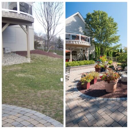 This lawn had tank lids and an underutilized space located under the deck. We extended the patio to create more usable space, built a seat wall and added a fire pit around the tank lids.