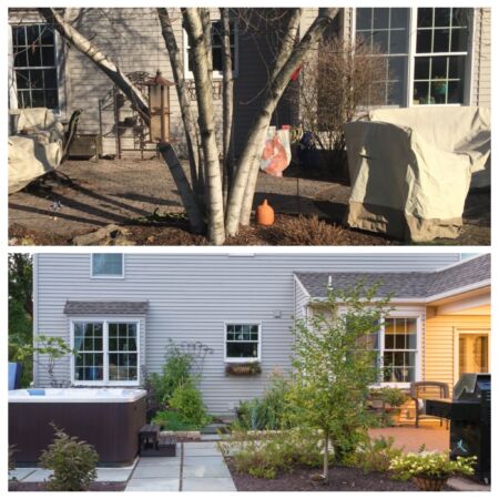 Homeowner had a small, failing patio with overgrown landscaping. We designated an area for a spa and designed a lovely garden with updated landscaping.