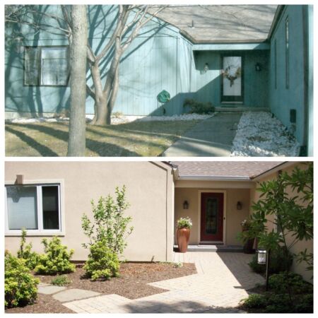 This home had an outdated and non-impressive entry and walkway. We installed a new walkway and front porch with an interesting design all while selecting material to match their newly installed home’s exterior.