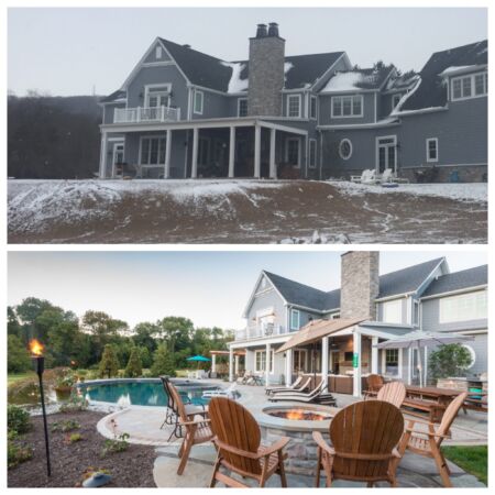 This new construction had a major elevation drop off and restricted area of allowable disturbance from local municipalities. We imported a fill to create a platform to deliver a family entertaining space, which includes an outdoor grill, fire pit, spa and pool.