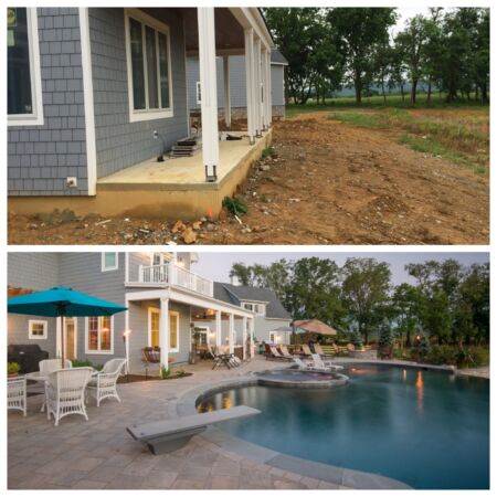This new construction had a major elevation drop off and restricted area of allowable disturbance from local municipalities. We imported a fill to create a platform to deliver a family entertaining space, which includes an outdoor grill, fire pit, spa and pool.