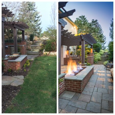 First phase included a fire pit with an arbor and privacy screening. We completed the second phase by extending the patio to the other side of the fire pit and improved water drainage.