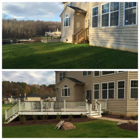 This property was new construction and had a sloping backyard with no designated entertaining space. We constructed a Trex deck to help manage the slope and created a entertaining space for the family without having to perform major earth work.